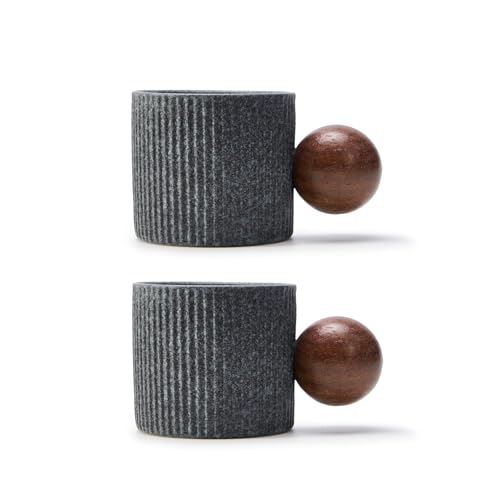 Ceramic Mini Espresso Cups Demitasse Cups with Round Wooden Handle Vertical Stripes Tea Cups (2 Count)