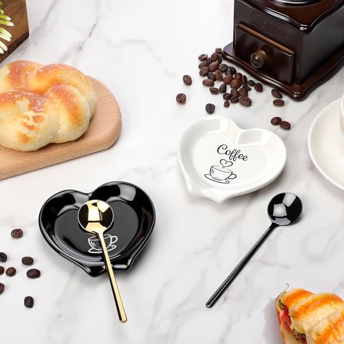 2 Pcs Ceramic Coffee Spoon Rest with Spoon Small Heart Black White Stirrer Holder Bar Station Accessories Decoration Lover Housewarming Gift (2 Count)