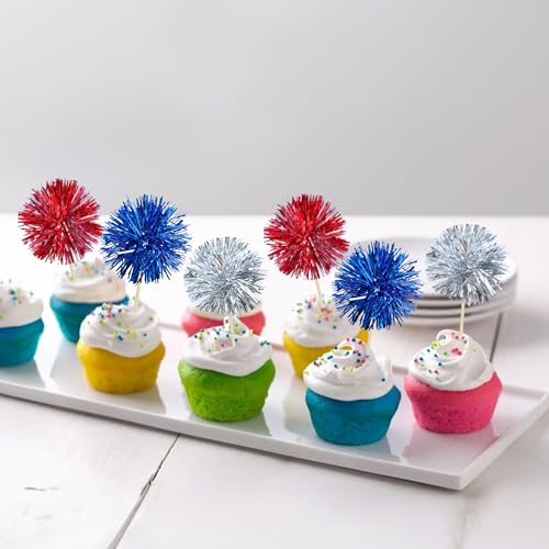 30Pcs Foil Firework Cupcake Toppers Sparkle Tinsel Cake Toppers Tinsel Drink Cake Decoration Cocktail Picks for Birthday Wedding Graduation Party Supplies Silver Dark Blue Red (30 Count)