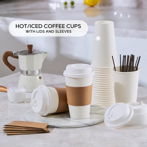 50 Pack 20 oz Disposable Paper Coffee Cups with Lids & Sleeves (50 Count)