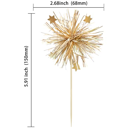 30Pcs Foil Firework Cupcake Toppers Happy Birthday Cake Toppers Sparkle Tinsel Flower Drink Stirrers Cocktail Food Fruit Toothpicks for Valentine's Day Party Supplies Gold (20 Count)