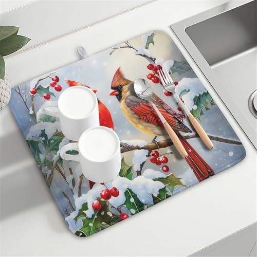 Winter Cardinal Birds Dish Drying Mat