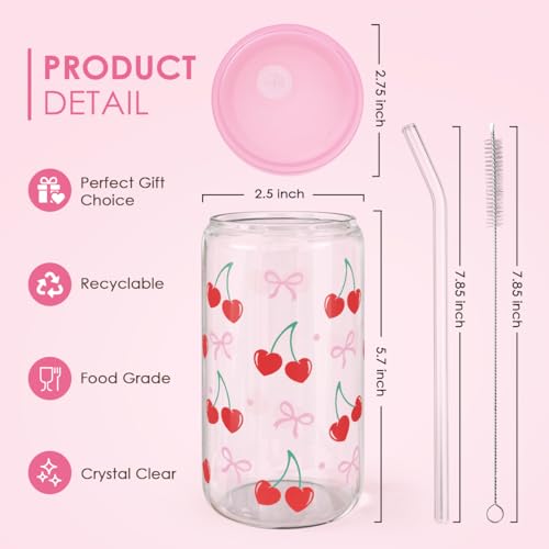 Cherry 16 Oz Can Glass Tumbler with Acrylic Lid and Straw