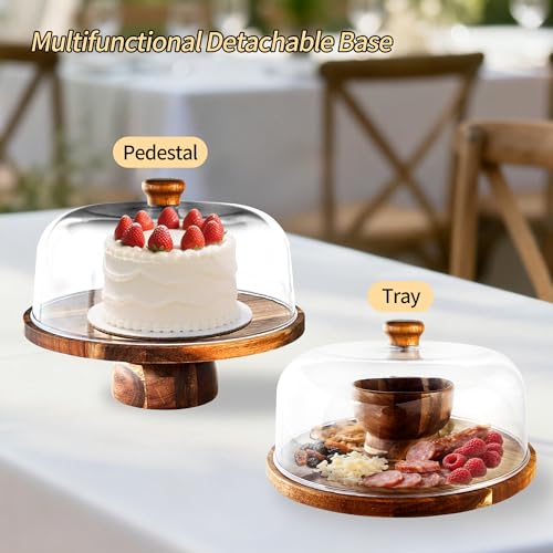 Acacia-Cake-Stand-with-Acrylic-Lid, 2-in-1 Wood Cake Holder Charcuterie Board with Cover, Round Cake Plate with Dome for Party，Dessert Table Display Stand