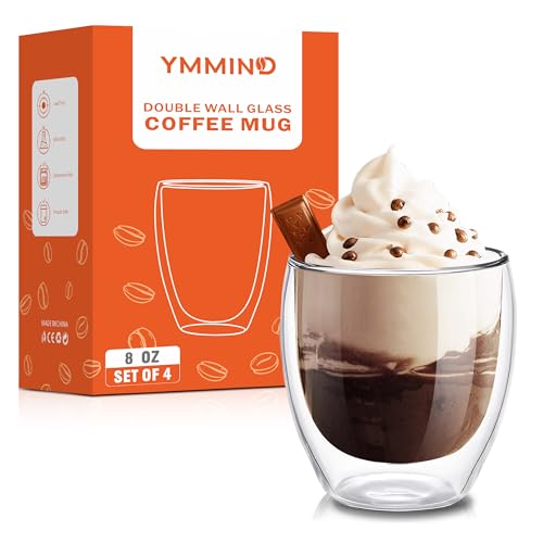 Set of 4 Double Walled Glass Coffee Mugs 8 Ounces Insulated Layer Coffee Cups Borosilicate Glass Espresso Cup for Hot Beverage (4 Count)