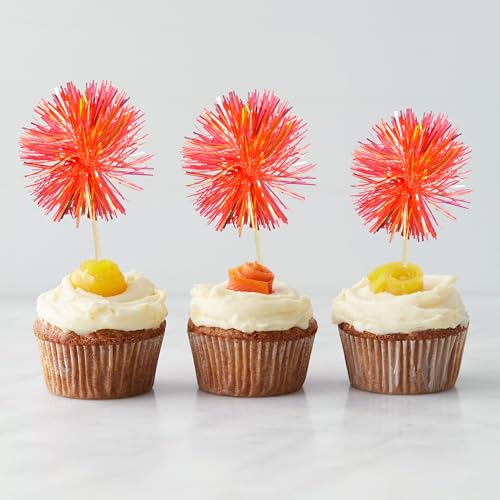 30Pcs Foil Firework Cupcake Toppers Sparkle Tinsel Cake Toppers Tinsel Drink Cake Decoration Cocktail Picks for Birthday Wedding Graduation Party Supplies Dark Orange (30 Count)