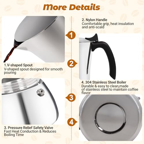 No Coating 4 Cup Thickened 304 Stainless Steel Moka Pot