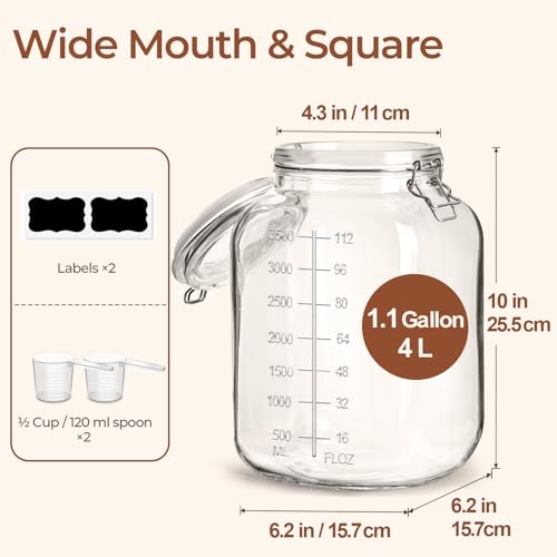 Large Square Glass Food Jars 1.1 Gallon 2 Pack for Flour Sugar Rice (2 Count)