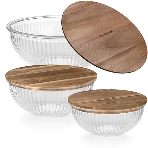 Stackable Glass Mixing Bowls with Acacia Lids Set of 3