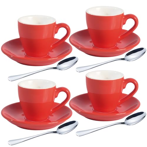 Porcelain Espresso Shot Cup Set with Saucers and Stainless Steel Spoons (4 Count)