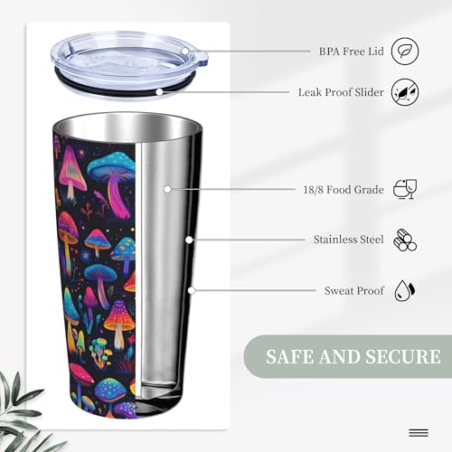 Mushroom Tumbler with Lid and Straw 20oz Coffee Tumblers Leakproof Stainless Steel Travel Mug Vacuum Insulated Cup for Iced and Hot (20 Count)