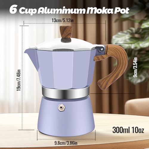 6 Cup Aluminum Moka Pot Classic Stovetop Espresso Coffee Maker 300ml 10oz Coffeemaker Percolator Mocha Pot Greca Coffee Maker Cafe Makers for Italian and Cuban Café Brewing Purple