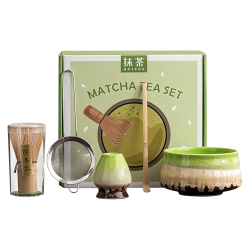 Matcha Whisk Set Ceramic Matcha Set Includes Matcha Bowl Matcha Whisk and Holder (5 Count)