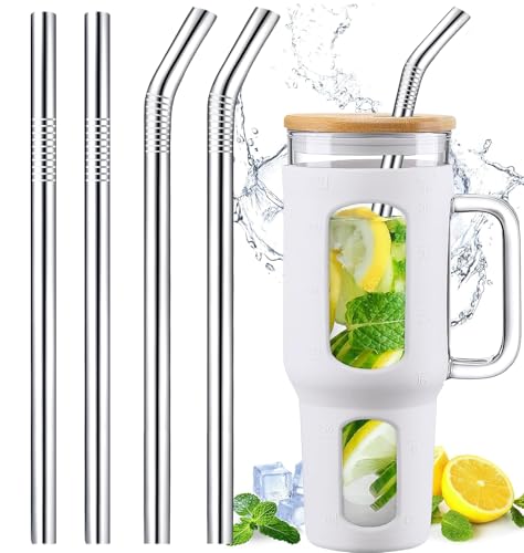 4 Pcs 0.35" Wide Bore Reusable Stainless Steel Metal Smoothie Straws (4 Count)