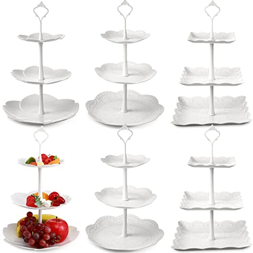 6 Pack 3 Tiered Serving Tray White Plastic Dessert Tower (6 Count)