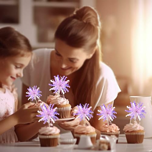 30Pcs Foil Firework Cupcake Toppers Happy Birthday Cake Toppers Tinsel Flower Drink Stirrers Cocktail Food Fruit Toothpicks for Valentine's Day Party Birthday Wedding Supplies Purple (30 Count)