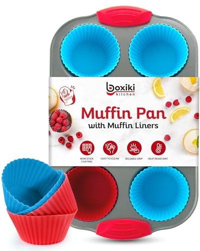 Non Stick Steel 6 Cup Muffin Pan with Silicone Handles and Reusable Liners