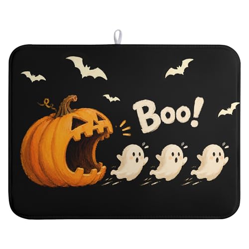Halloween Ghost Dish Drying Mats Spooky Pumpkin Dish Mat Bat Drying Matt Dishes Dryer Pad for Kitchen Counter Absorbent Microfiber Washable Foldable Reusable 18x24 in