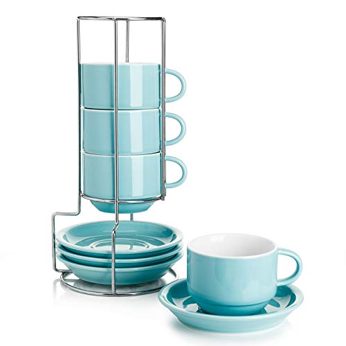 8 Ounce Porcelain Stackable Cappuccino Cups with Saucers and Metal Stand