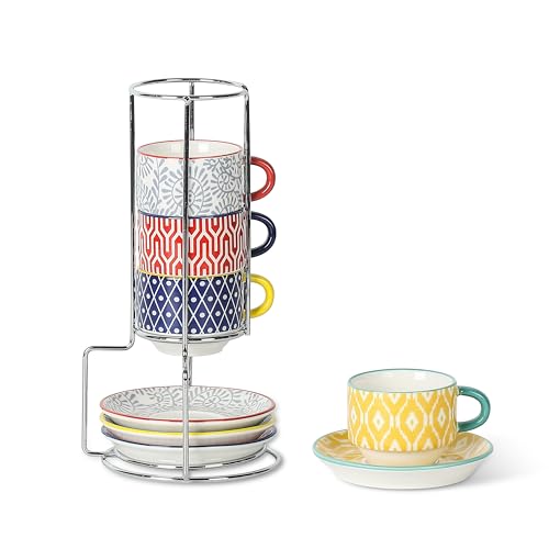Ceramic Espresso Cups with Saucers and Metal Stand (7 Count)