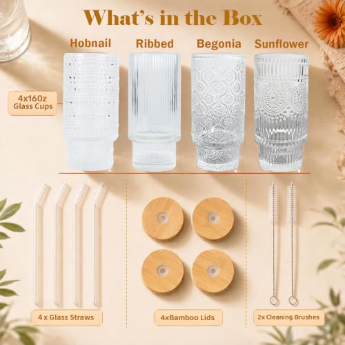 16 oz Glass Cups with Lids and Straws Vintage Drinking Glasses Set (4 Count)