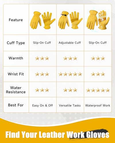 Cowhide Leather Gardening Work Gloves for Men 3 Pairs Golden XL (3 Count)
