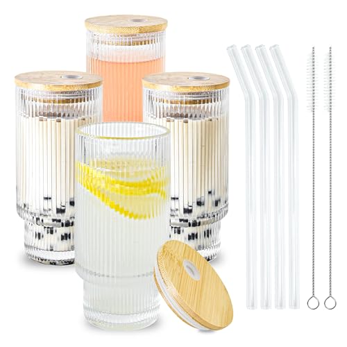 Glass Cups with Lids and Straws 16 oz Ribbed Drinking Glasses Set (4 Count)