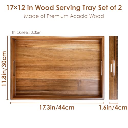 2 Pack 17 x 12 Inch Acacia Wood Serving Tray with Handles (2 Count)