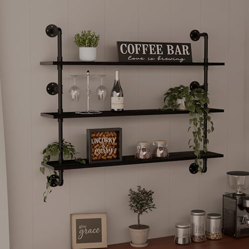 Industrial Pipe Shelving Rustic Black Wall Shelves with Wood Planks Industrial Floating Shelves 48 Inch 3 Tier Farmhouse Bookshelf Pipe Shelves Wall Mounted