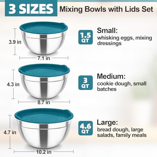 Mixing Bowls Stainless Steel Nesting Salad Bowls & Airtight Lids (3 Count)