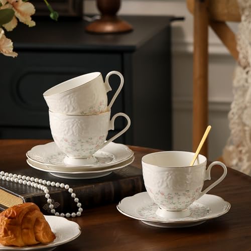 Interglio Embossed Bone China Tea Cup and Saucer Set (3 Count)