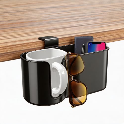 Metal Clamp Desk Cup Holder with ABS Organizer & Phone Stand Charging Port
