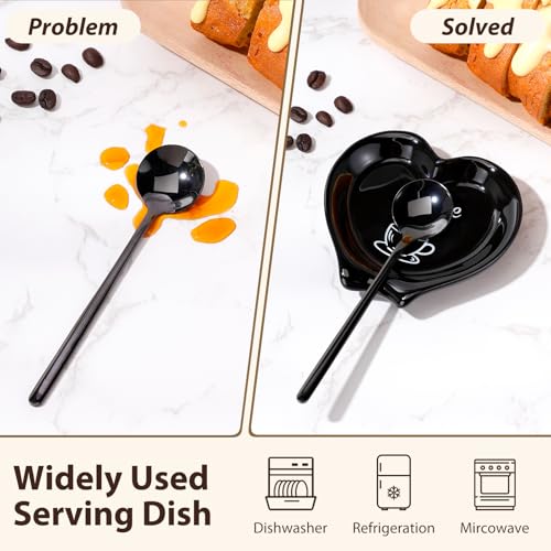 2 Pcs Ceramic Coffee Spoon Rest with Spoon Small Heart Black White Stirrer Holder Bar Station Accessories Decoration Lover Housewarming Gift (2 Count)