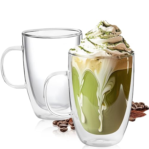 Set of 2 Double Walled Glass Coffee Mugs 16 Ounces Insulated Layer Coffee Cups with Handle Borosilicate Glass Espresso Cup for Hot Beverage (2 Count)