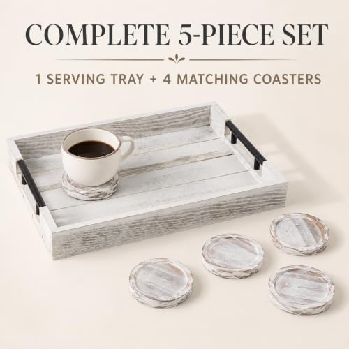Whitewashed Wooden Serving Tray with Black Metal Handles and 4 Coasters