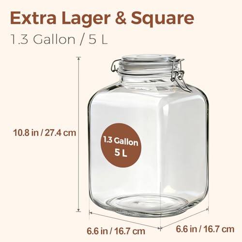 Square Glass Jars with Airtight Lid 1.3 Gallon 2 Pack Large Canister (2 Count)