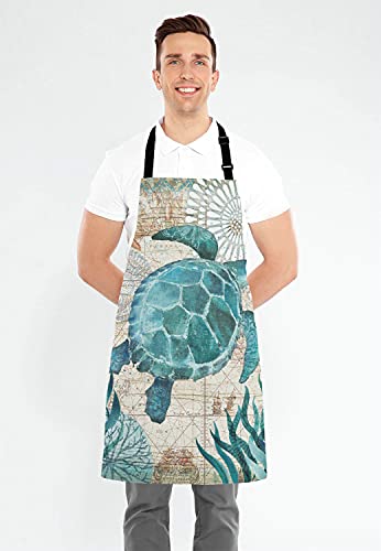 Nautical Green Sea Turtles Beach Bib Apron with Adjustable Neck for Men Women