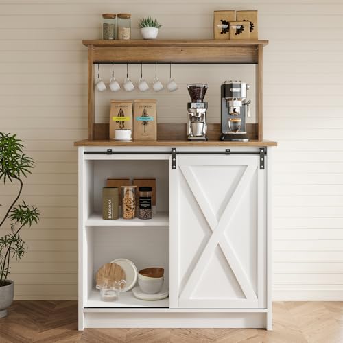 Farmhouse Coffee Bar Cabinet with Sliding Barn Door
