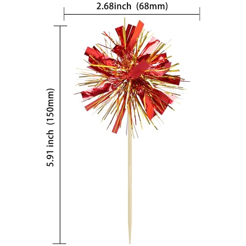 30Pcs Foil Firework Cupcake Toppers Sparkle Tinsel Cake Toppers Tinsel Drink Cake Decoration Cocktail Picks for Birthday Wedding Graduation Party Supplies Gold Red (30 Count)