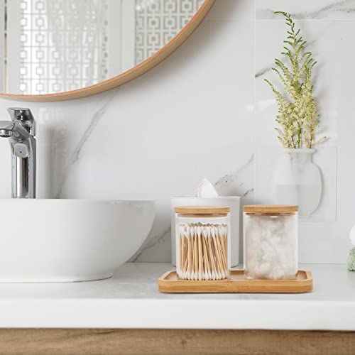 Glass Qtip Holder Dispenser with Bamboo Vanity Tray (2 Count)