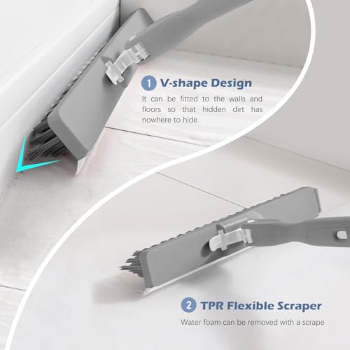 4-in-1 Tile Tub Floor Scrubber with V-Shaped Grout Brush, Gray