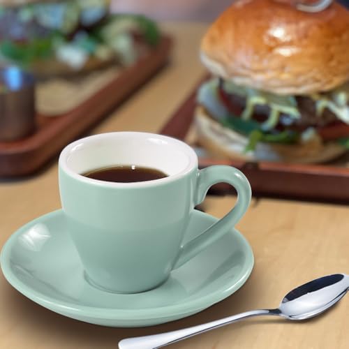 Porcelain Espresso Shot Cup Set with Saucers and Stainless Steel Spoons (4 Count)