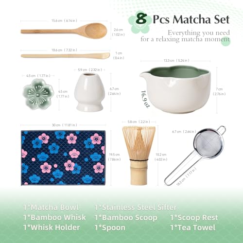 Matcha Set 8Pcs Floral Ceramic Matcha Kit with Matcha Whisk