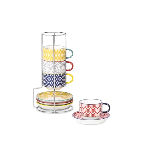 Ceramic Espresso Cups with Saucers and Metal Stand (4 Count)