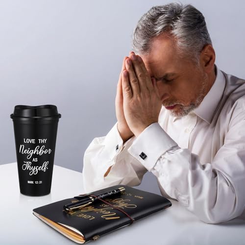 42 Pcs 6 Sets Christian Gifts for Men 16oz Reusable Religious Bible Coffee Cups with Lid Black Leather Notebook Socks Pen Card Man of God Bag Pastor Appreciation Gift with Bottle Opener (42 Count)