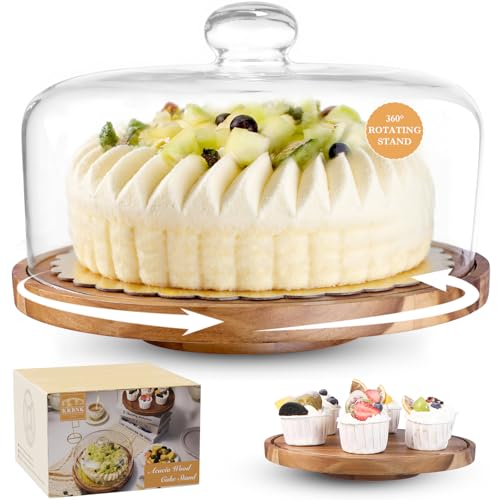 12" Rotating Acacia Wood Cake Stand with Glass Lid