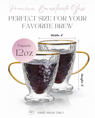 Sister.ly Drinkware Hammered Double Wall Glass Coffee Cups (2 Count)