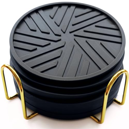 Black Coasters Set of 6 with Gold Holder