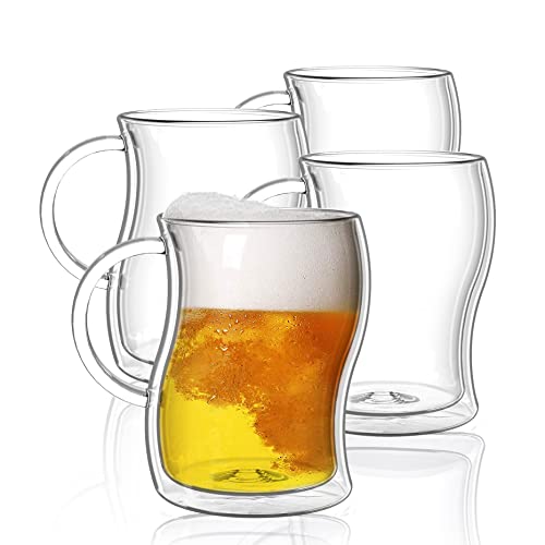 BTaT- Double-Walled Beer Mugs, 16 oz, 4 Pack, Double-Walled Glass with Handle, Insulated Beer Glasses, Drinking Glasses for Bar, Beverages, Alcohol, Water (4 Count)