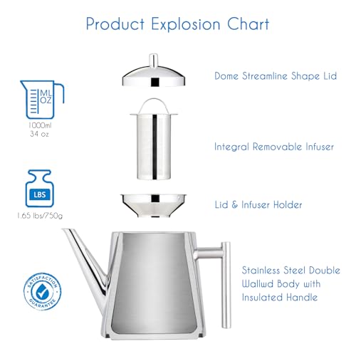 Stainless Steel Double Wall 34 oz Tea Pot with Removable Tea Infuser